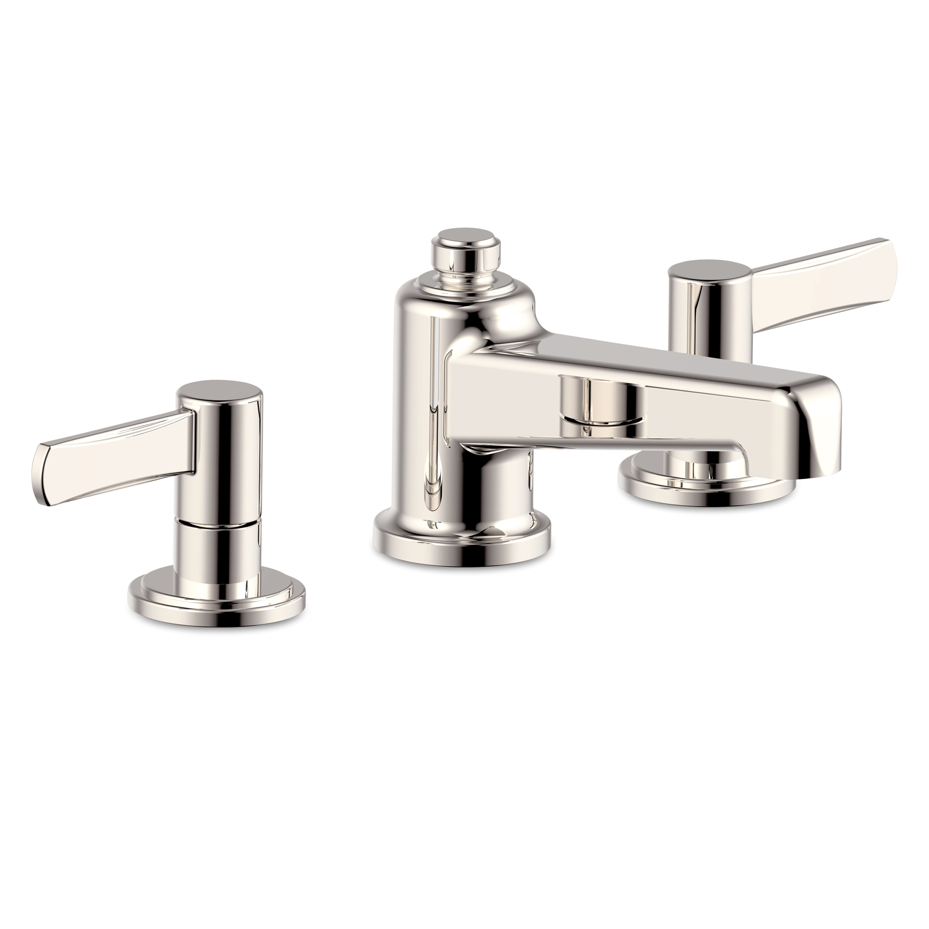 The Harrow widespread basin faucet with two lever handles has an industrial feel and modern esthetic inspired by the streamlined look of Art Deco.