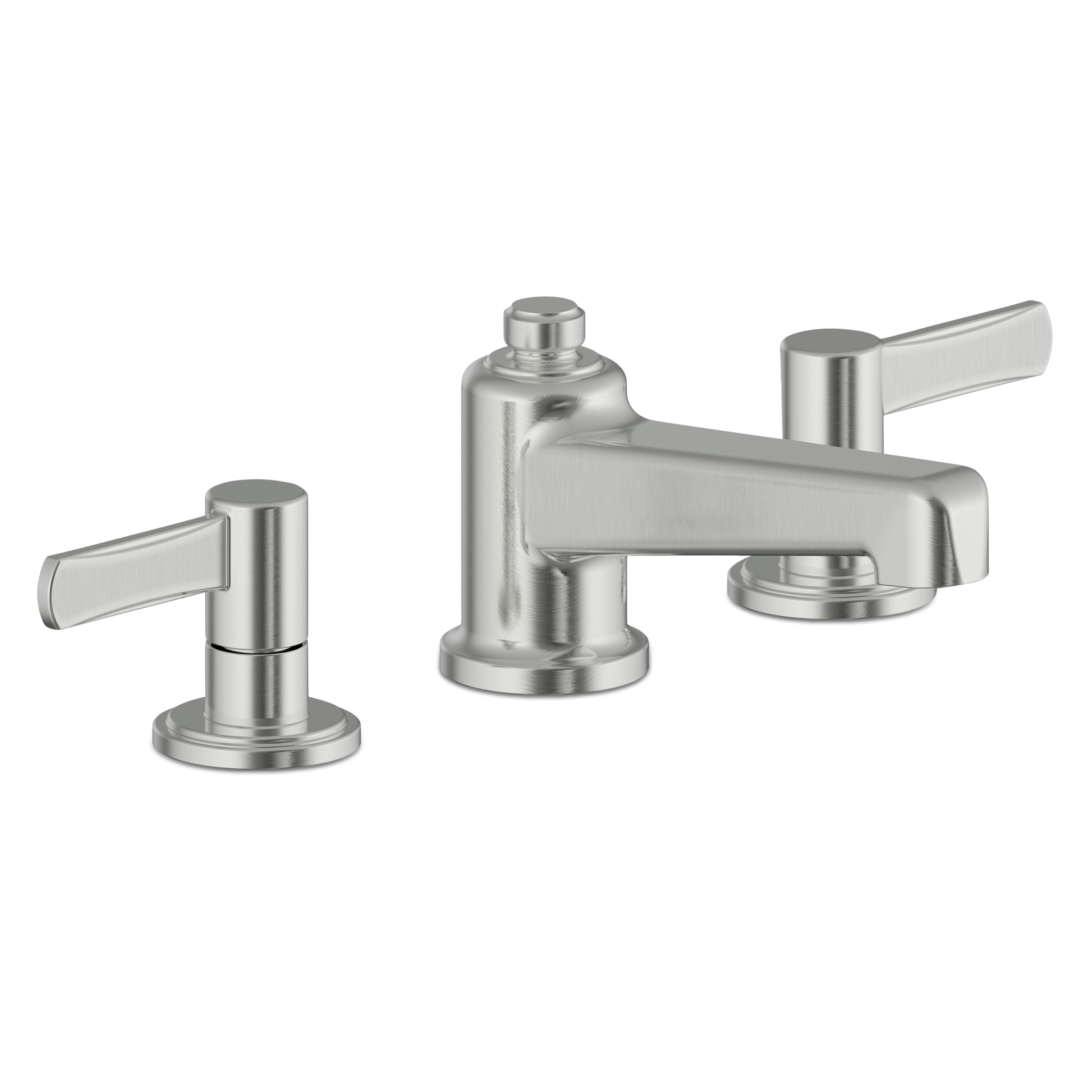 The Harrow widespread basin faucet with two lever handles has an industrial feel and modern esthetic inspired by the streamlined look of Art Deco.