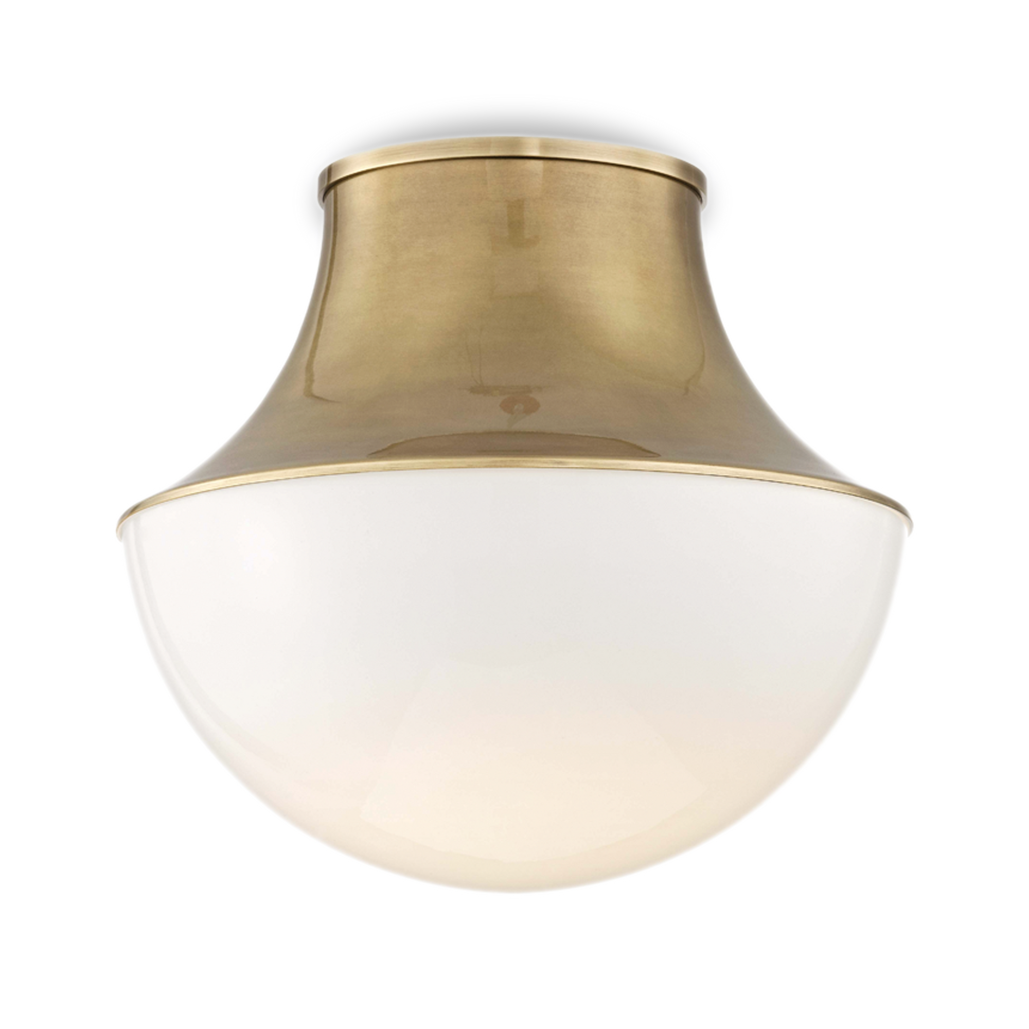 A demi-globe glass diffuser, clear on the inside, diffuses high-performance LED light from this flush mount.