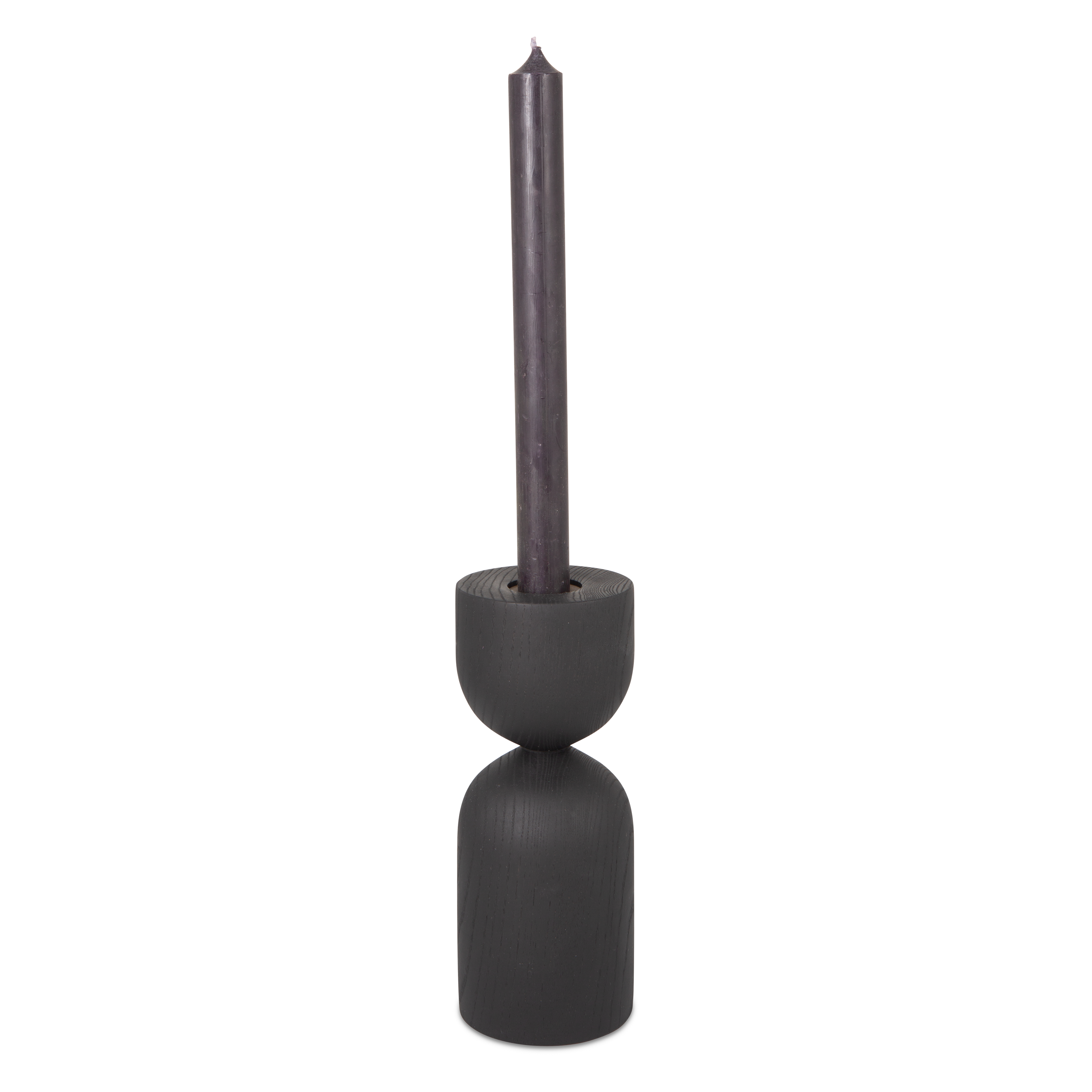 Turned from solid ebonized ash wood, the Hourglass Taper Candleholder feature distinct and eye-catching forms.