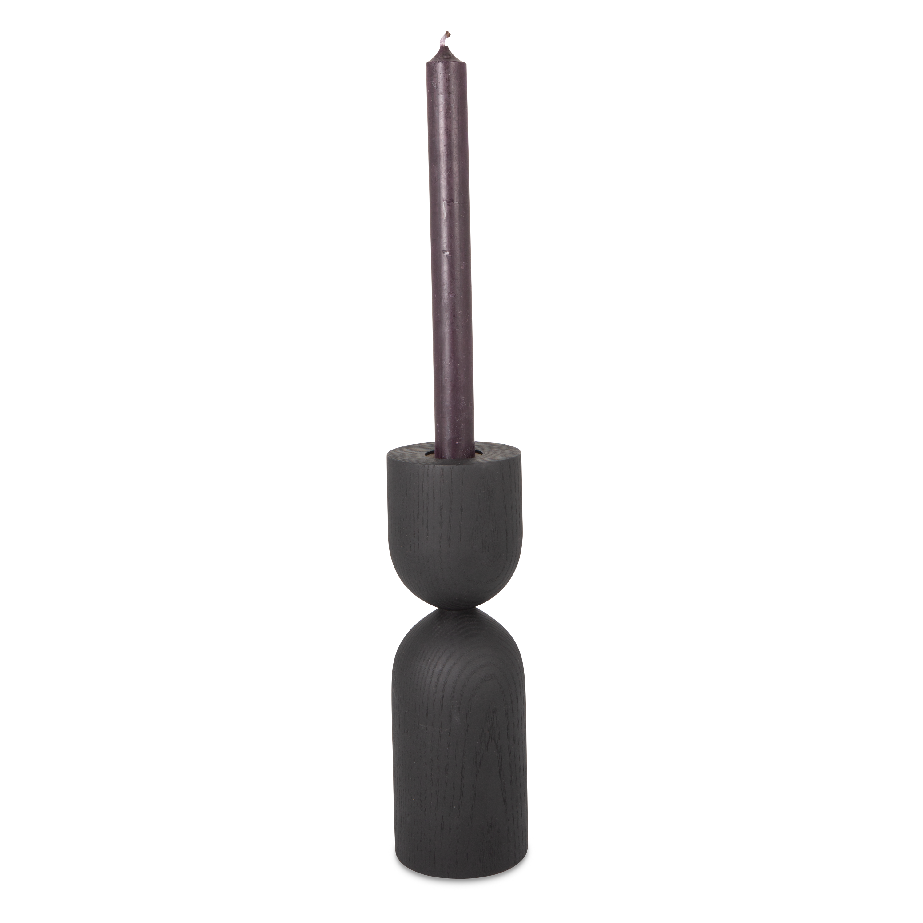 Turned from solid ebonized ash wood, the Hourglass Taper Candleholder feature distinct and eye-catching forms.