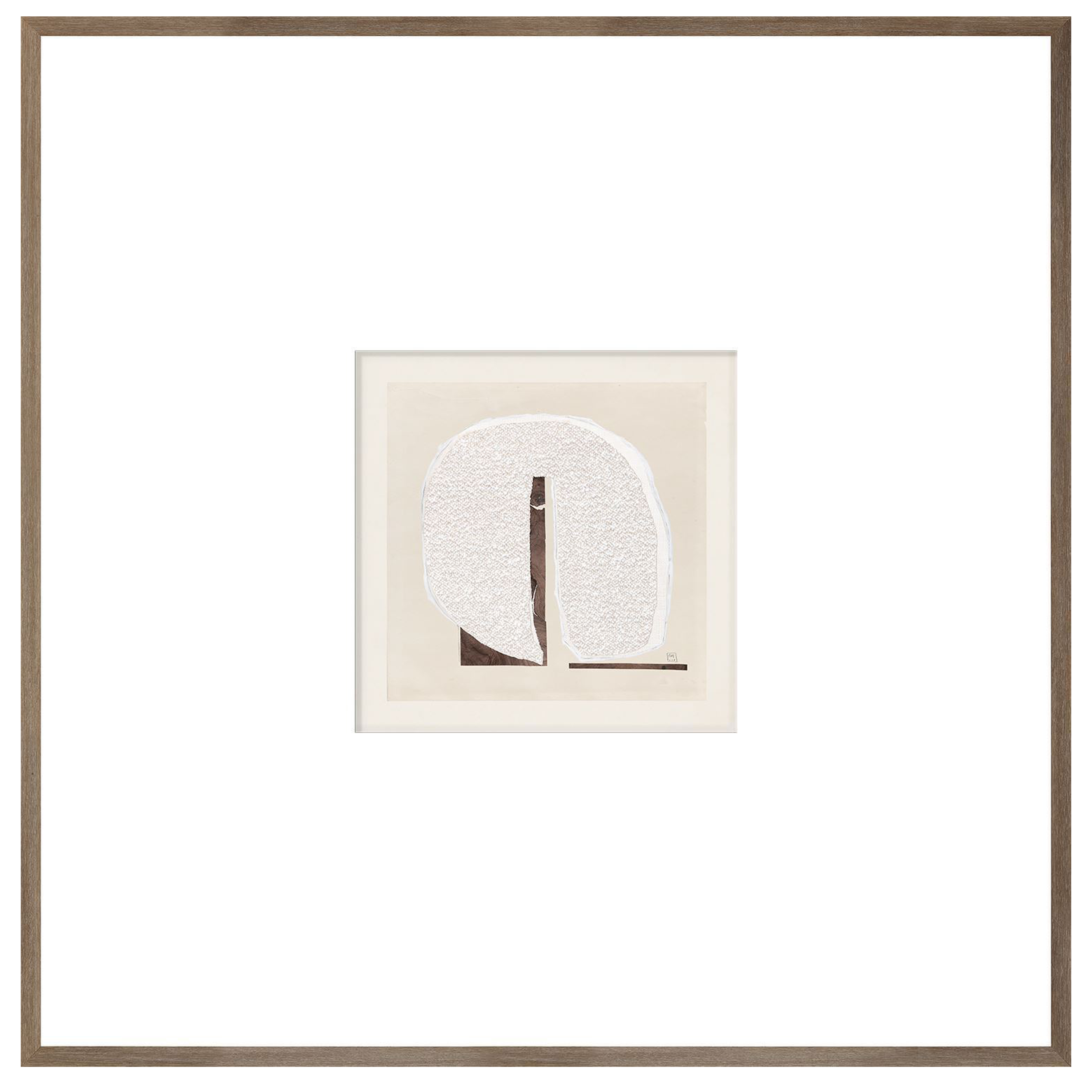 Textured wall art framed under glass.