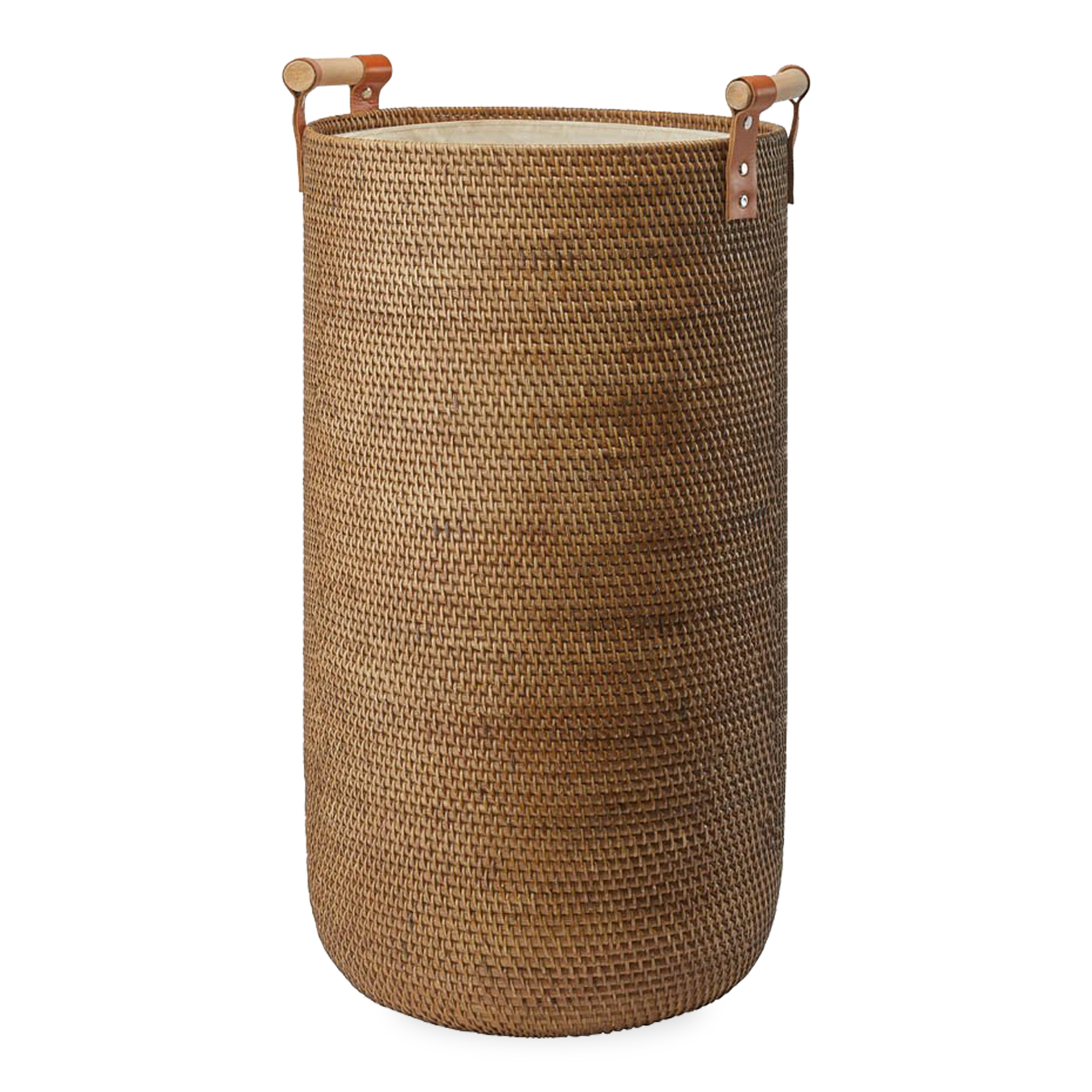 This basket is handcrafted from 100% rattan material with classic leather and rattan handles.