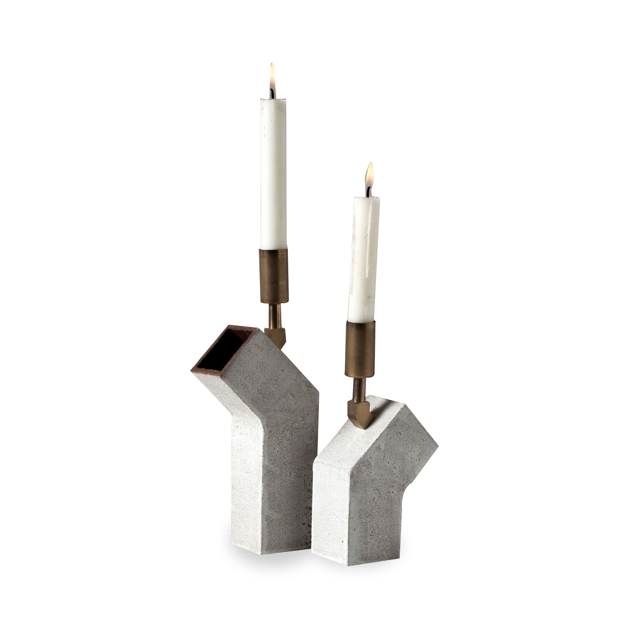 Inspired by midcentury Brutalist architecture and building materials, this pair of candlesticks balances a strong substantial base with delicate hardware.