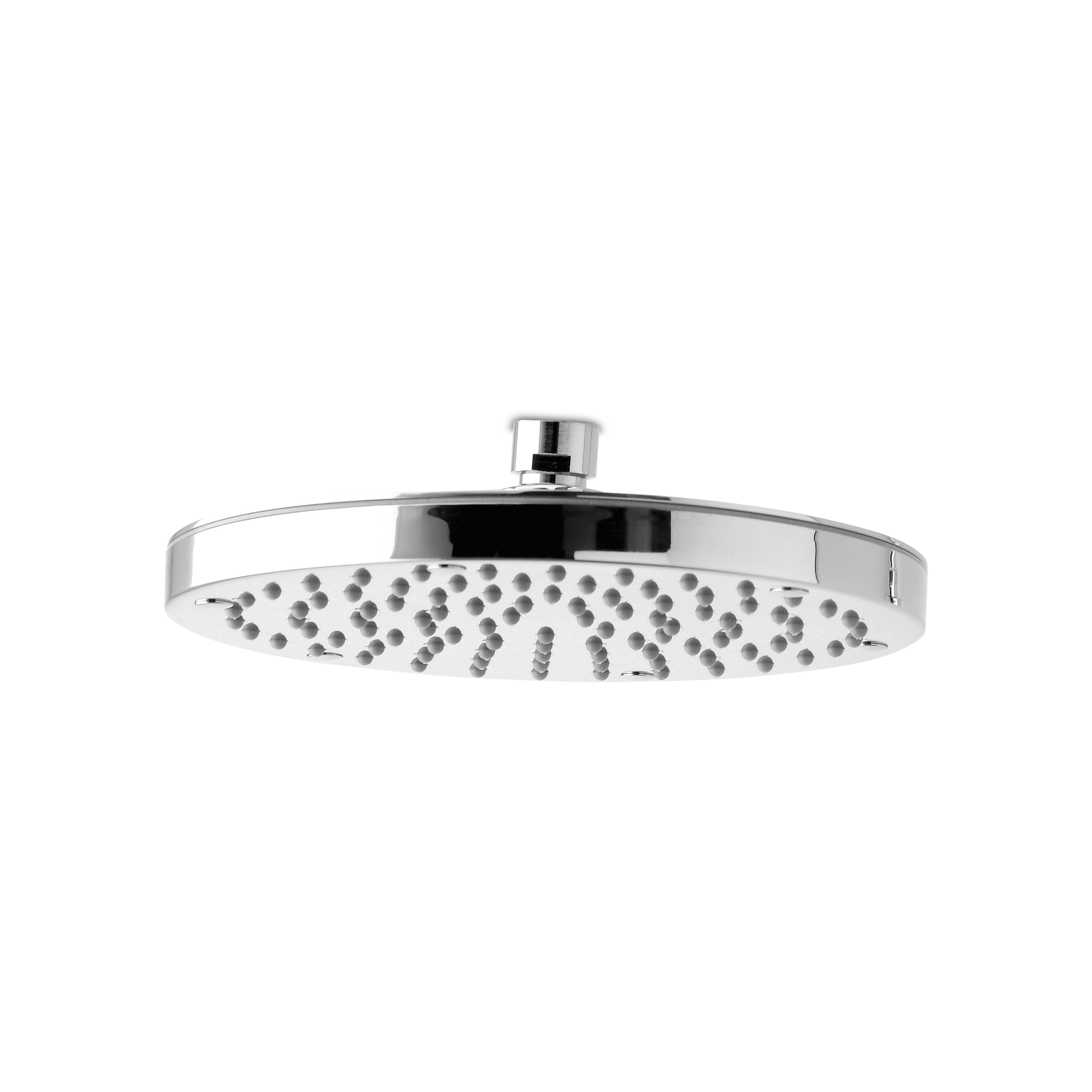A contemporary round wall mounted rain showerhead.