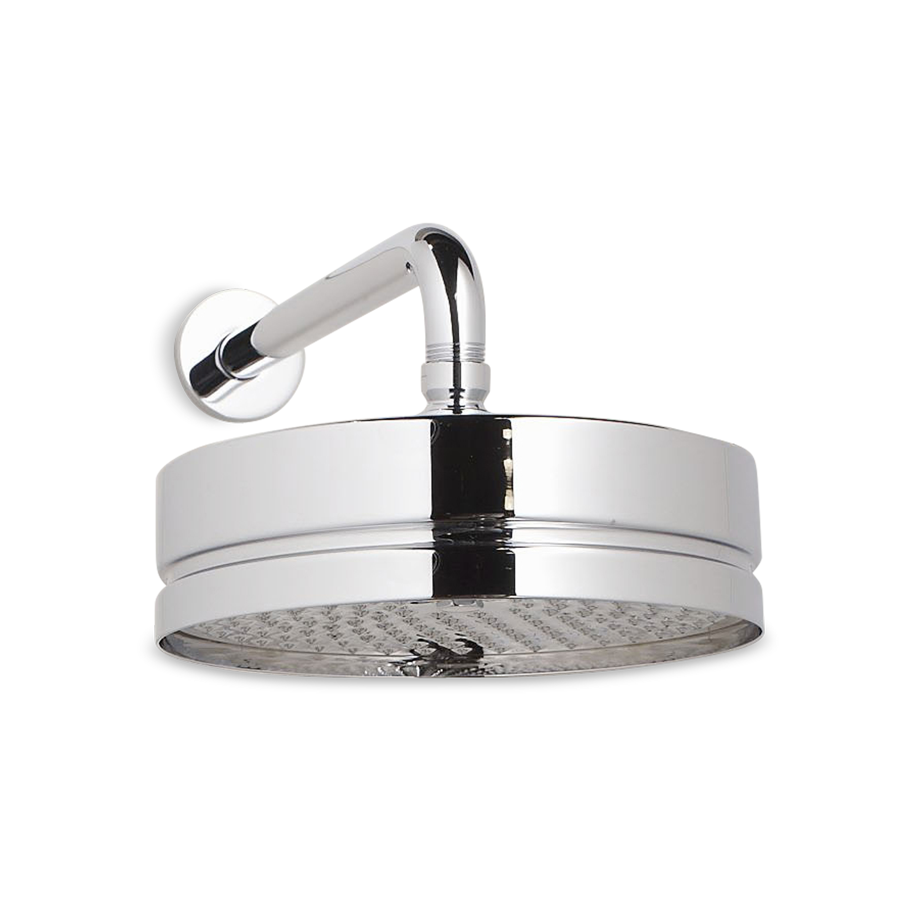 A contemporary rain shower head with ridge detailing and swivel ball.