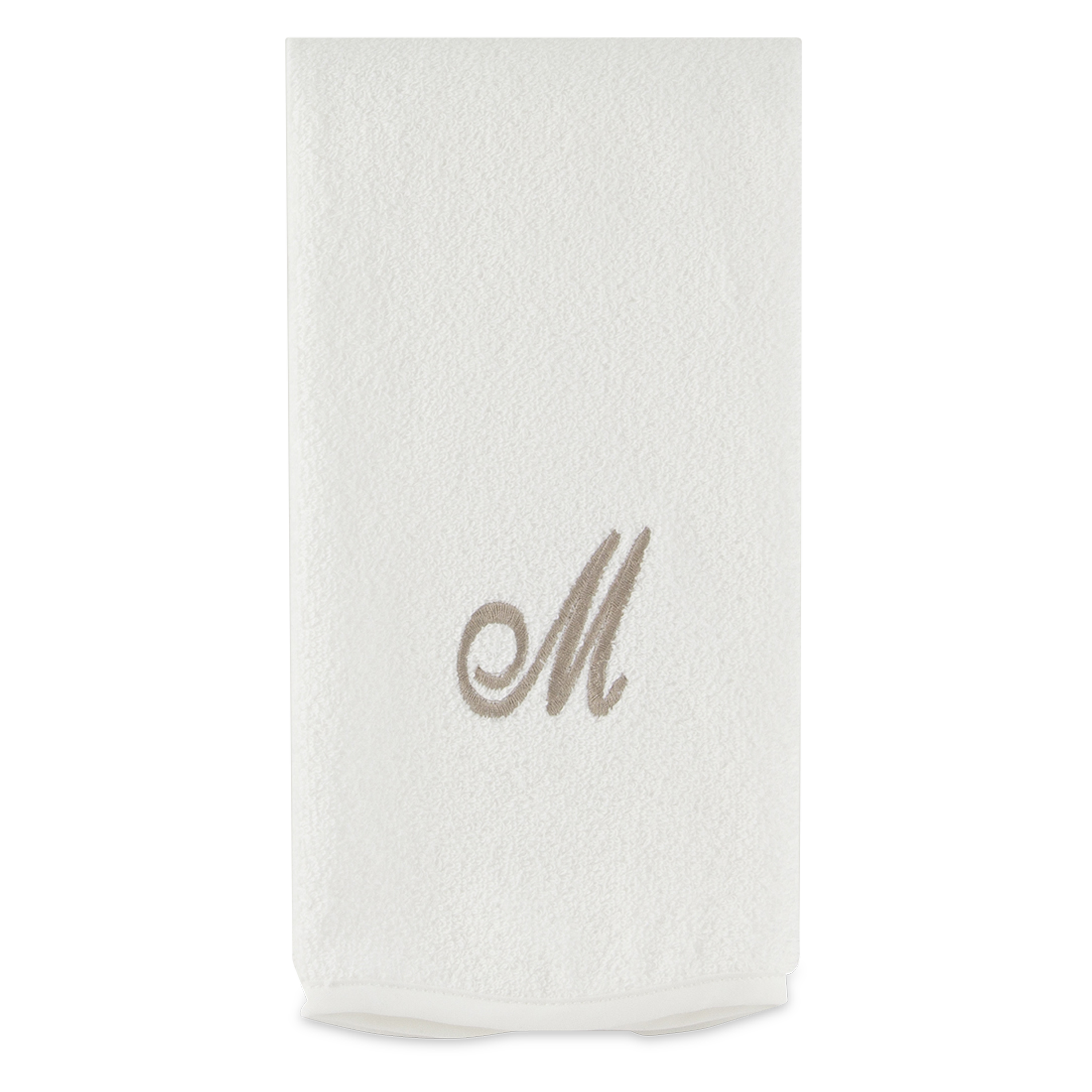 Monogrammed guest towel made of 100% white cotton with pewter/grey embroidered monogram.