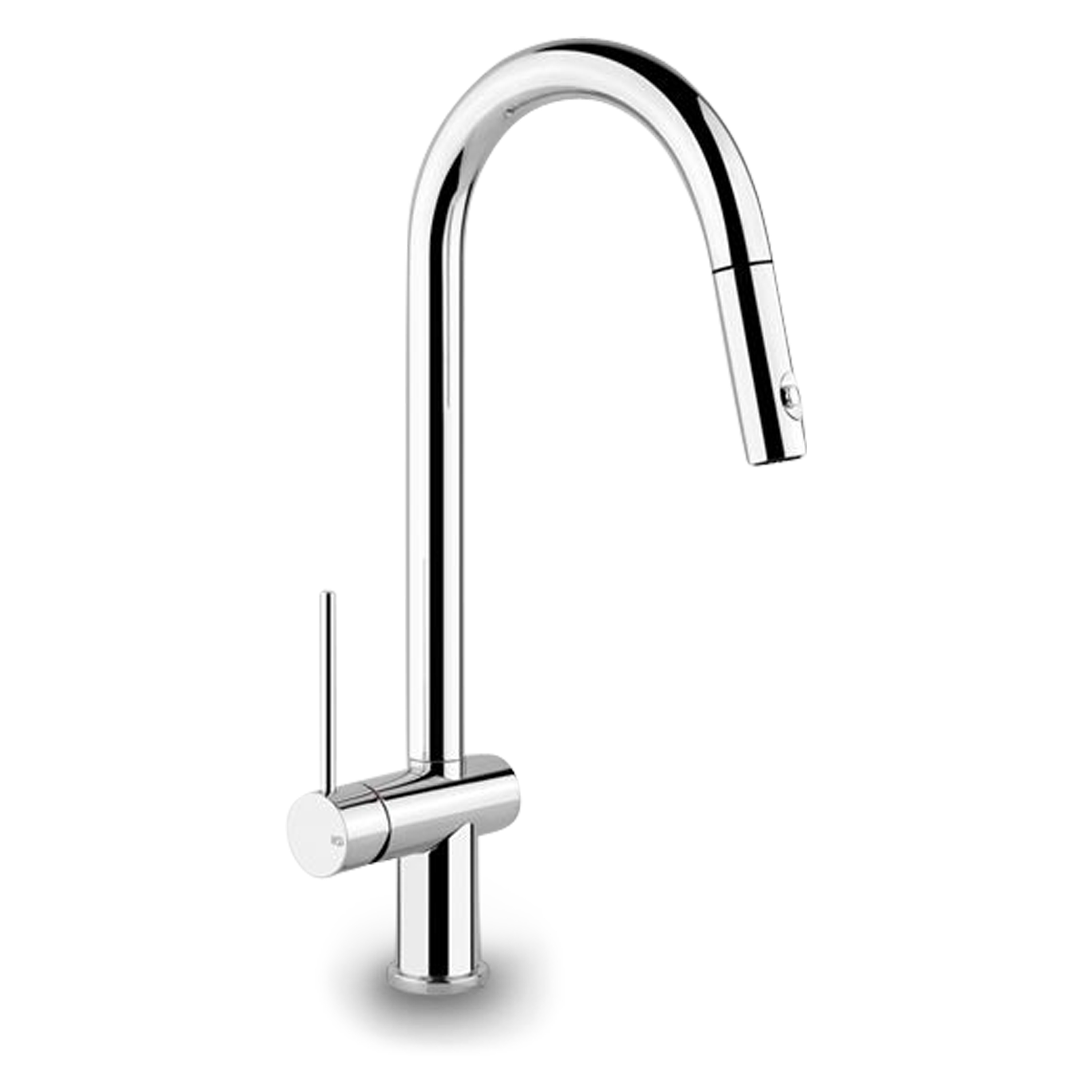 The Oxygene pull-down sink faucet adds a modern touch to any kitchen with its seamless lines and arched cylindrical shape.