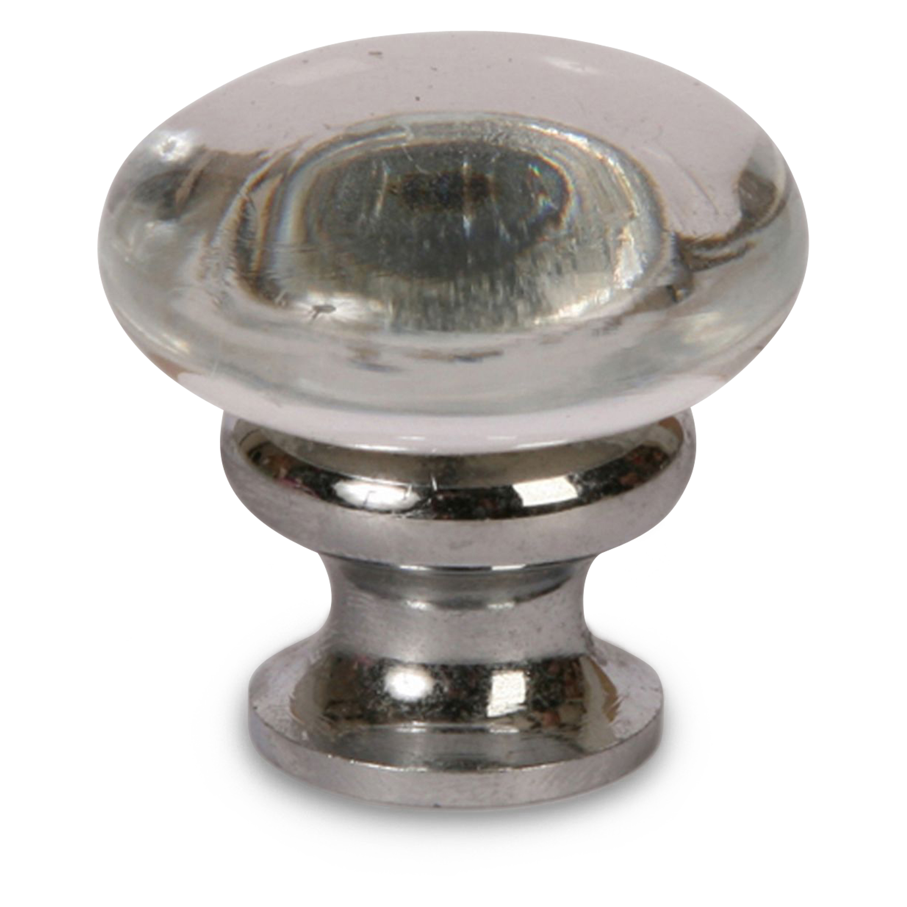 A petite, transitional knob with a clear oval shaped glass piece perched on an oil rubbed bronze base.