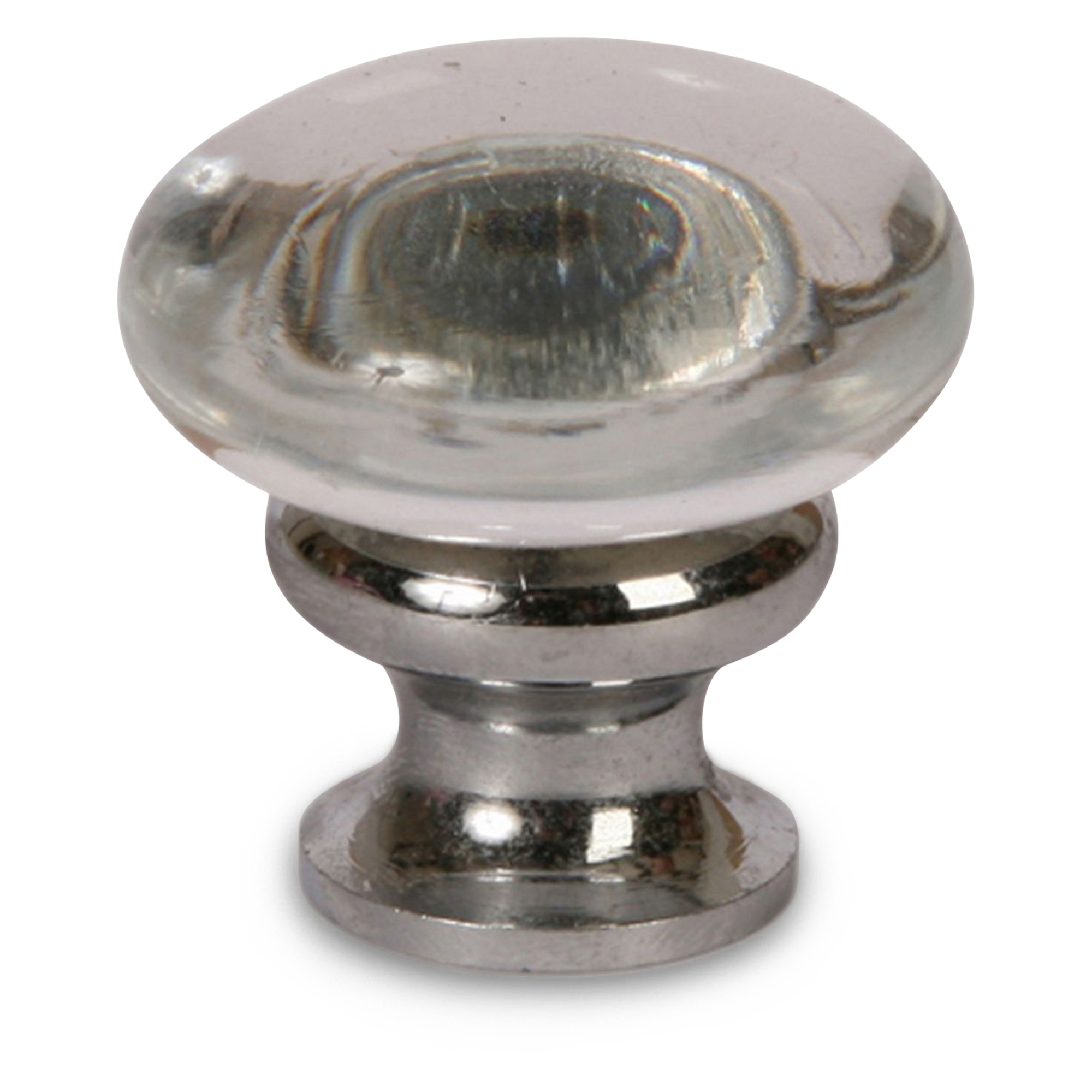 A petite, transitional knob with a clear oval shaped glass piece perched on an oil rubbed bronze base.
