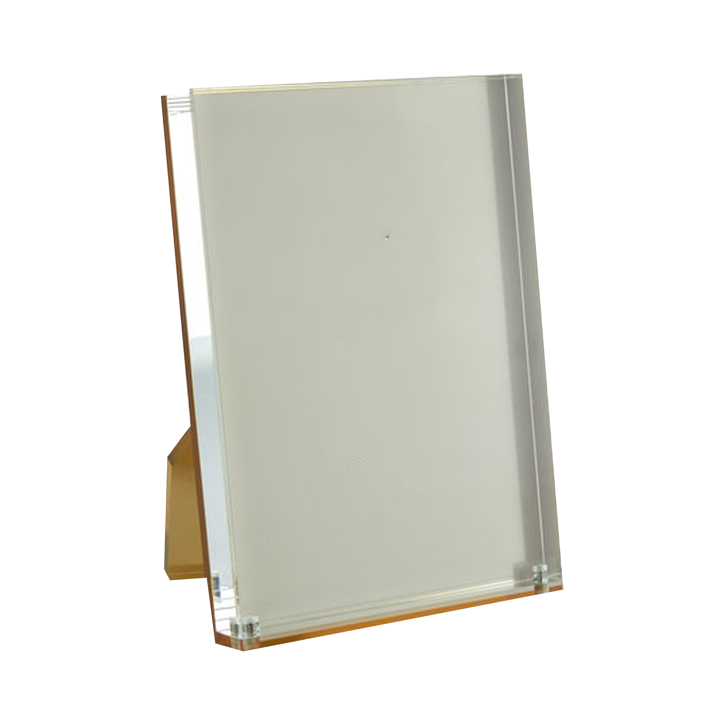 Acrylic picture frame with gold backing that will add stylish flair to any setting.