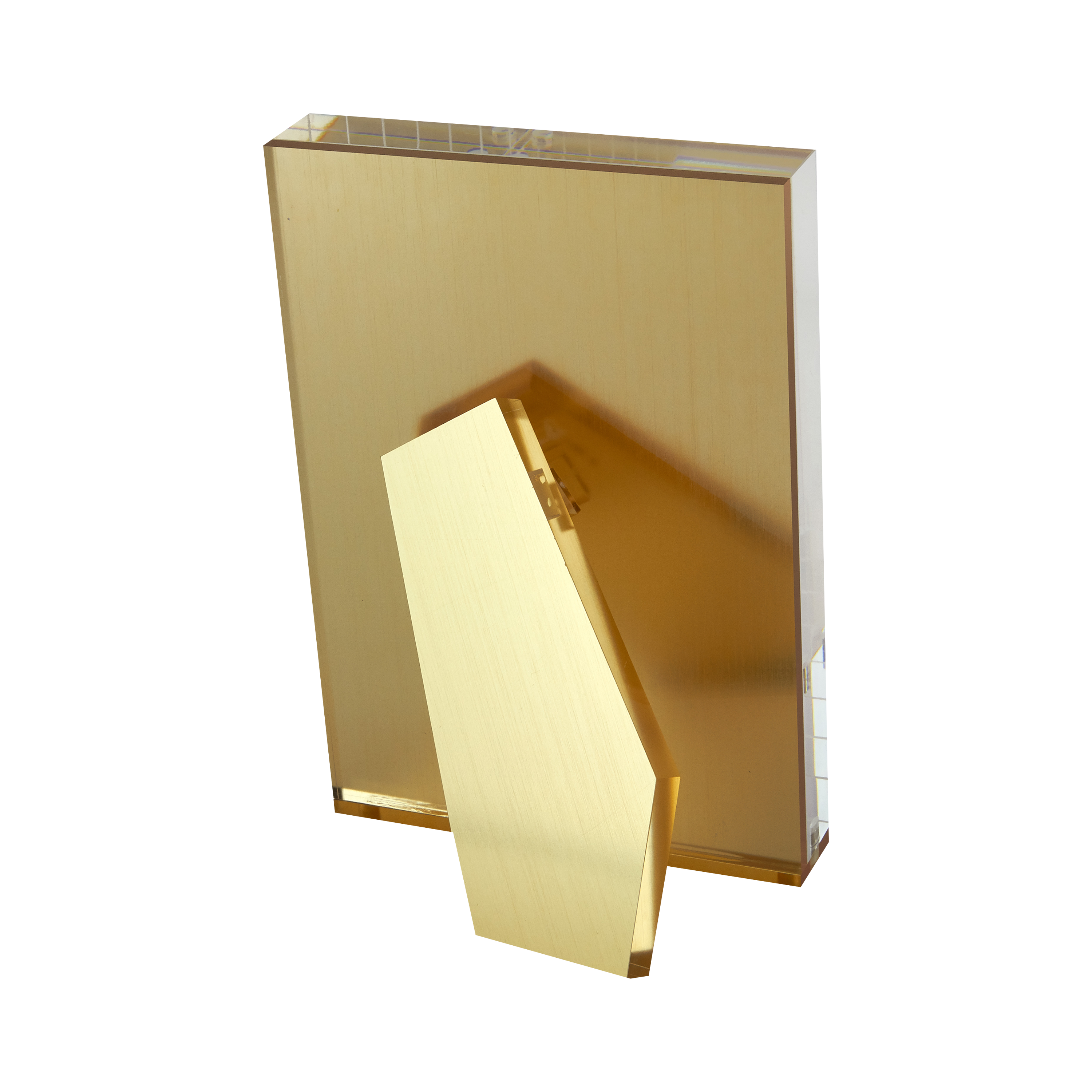 Acrylic picture frame with gold backing that will add stylish flair to any setting.