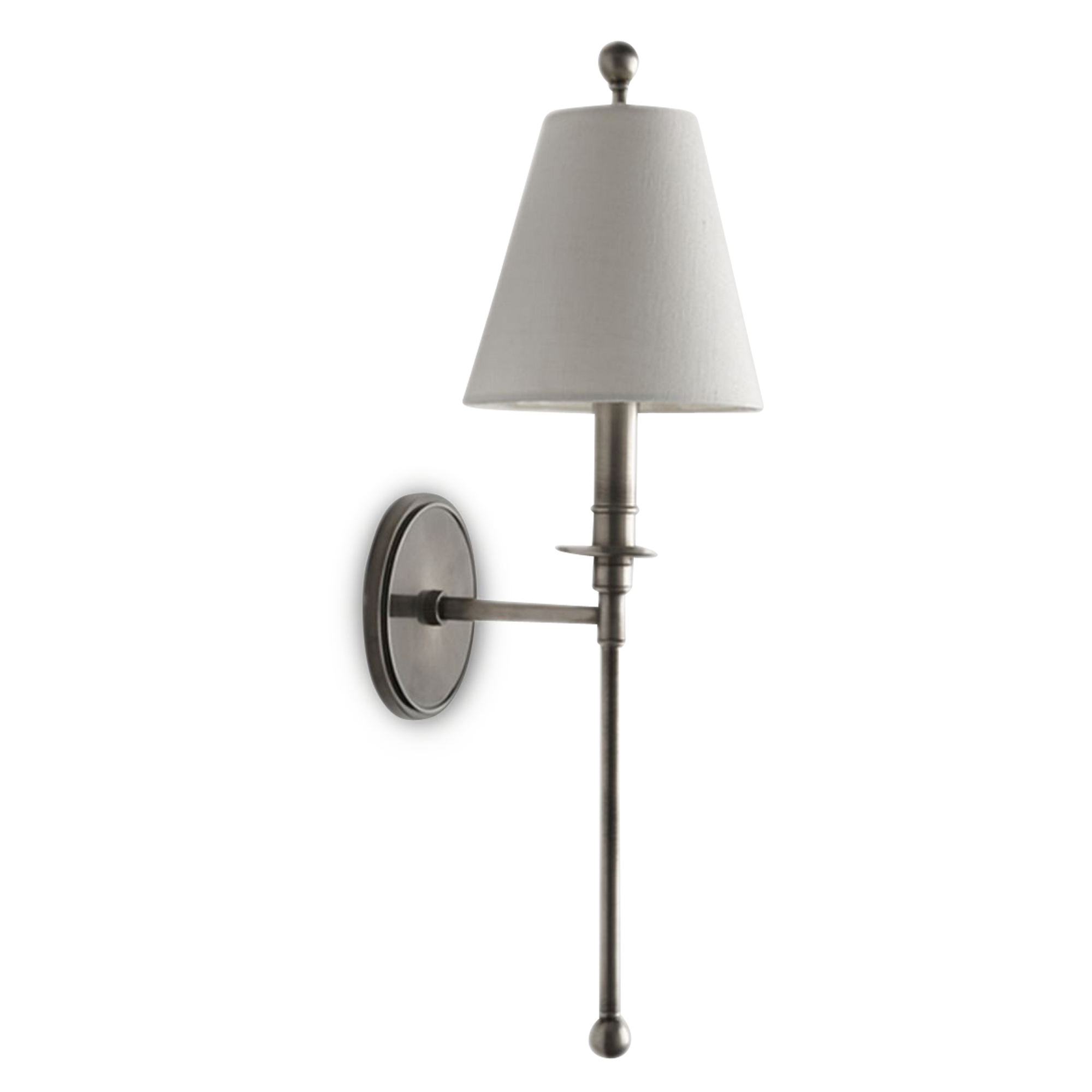 A modern sconce with a fabric shade and a long downward extension.