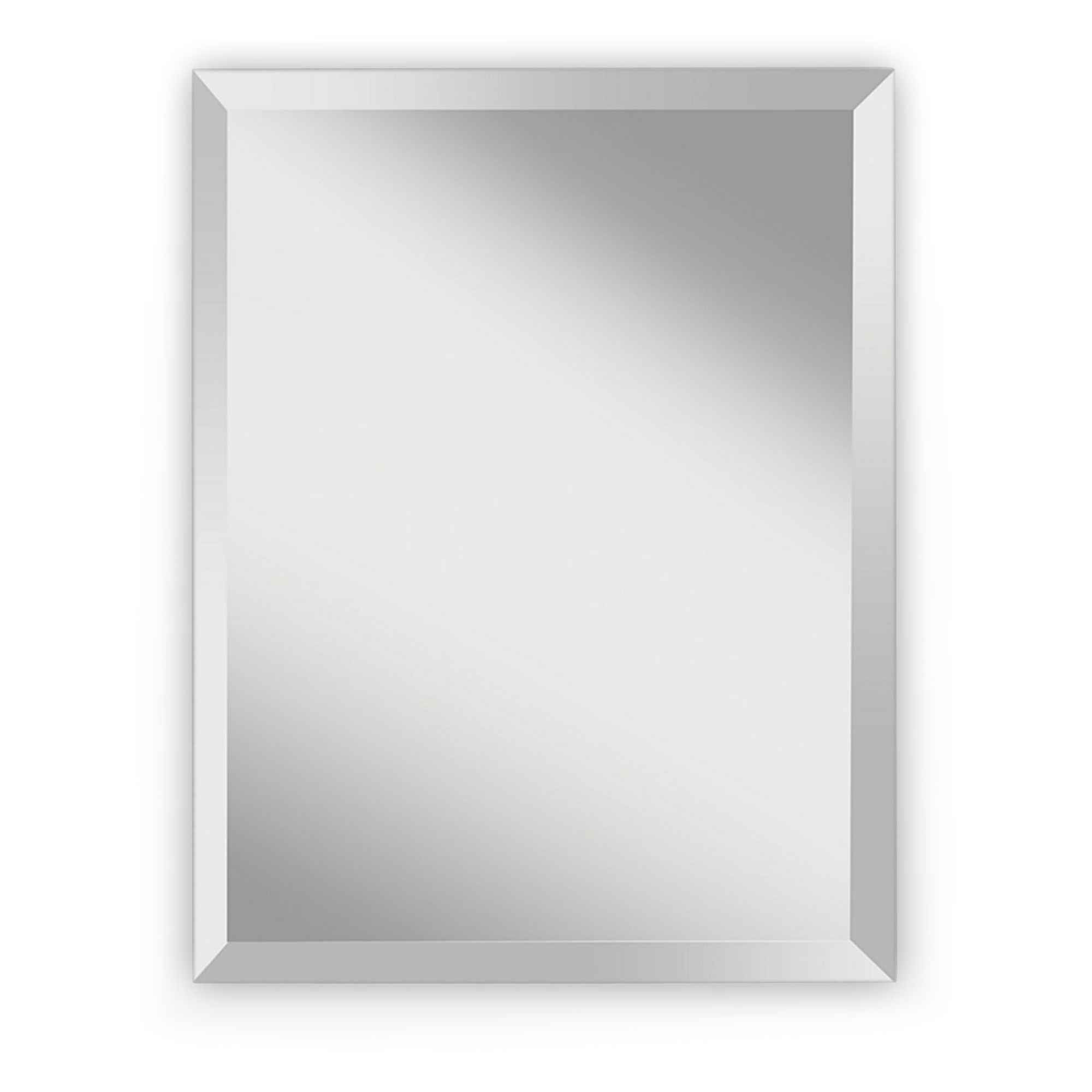 A sleek, frameless, contemporary mirror with a rectangular shape and a generously bevelled edge.