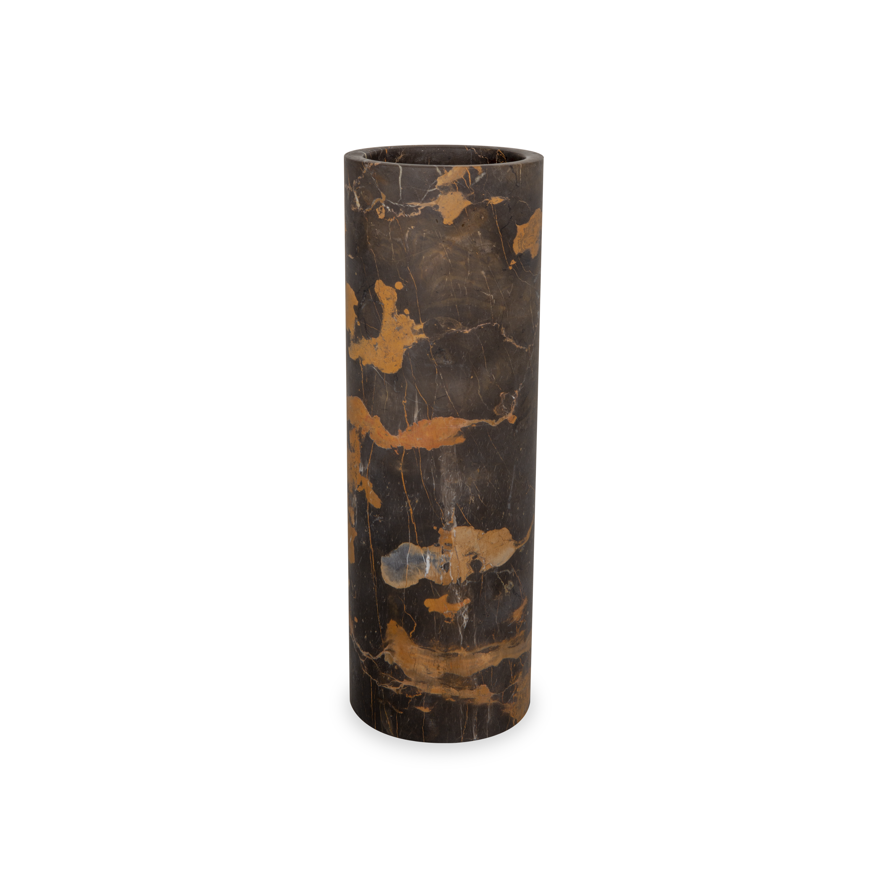 The Honed Marble Vase in black and gold marble vase strikes a moody yet dramatic statement.