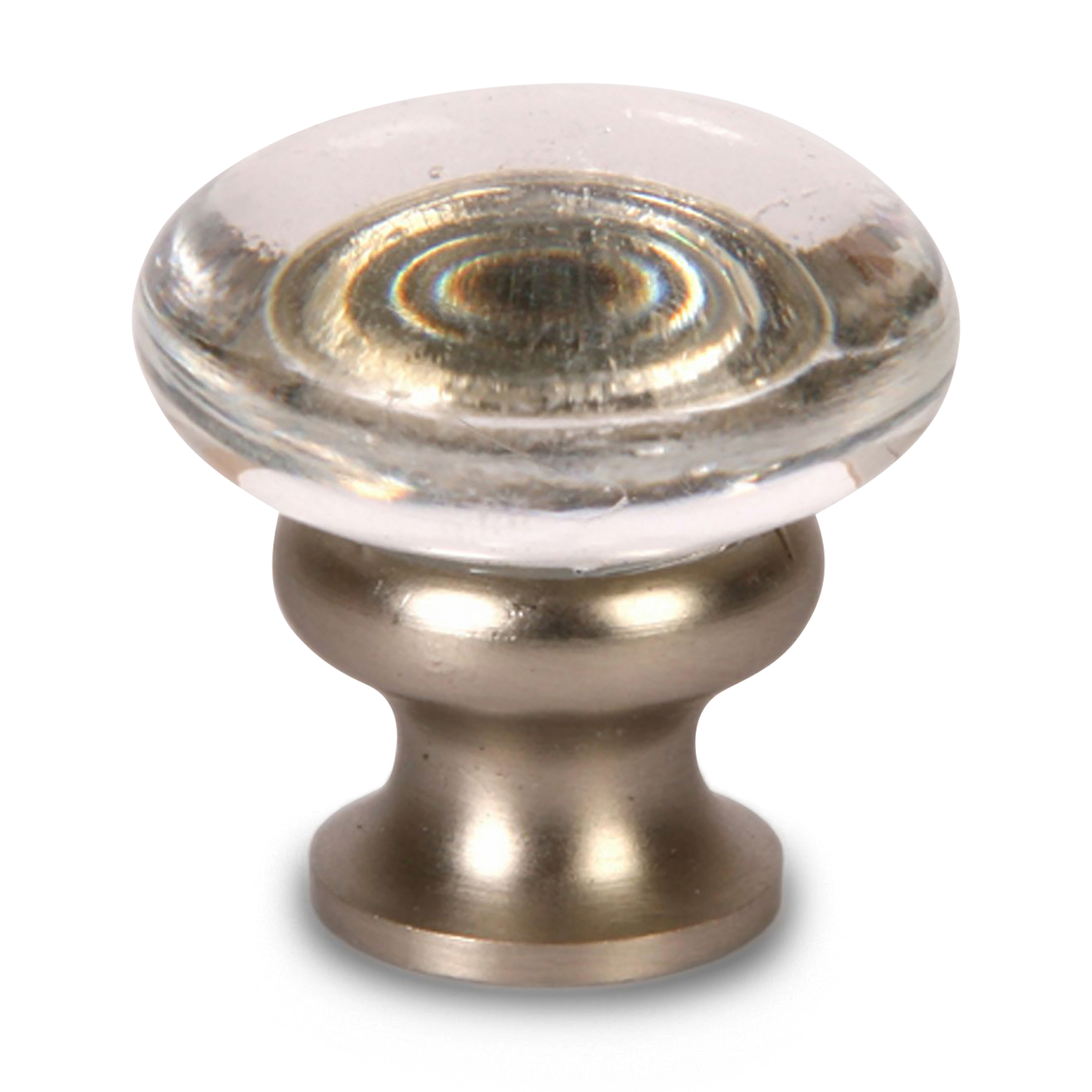 A petite, transitional knob with a clear oval shaped glass piece perched on an oil rubbed bronze base.