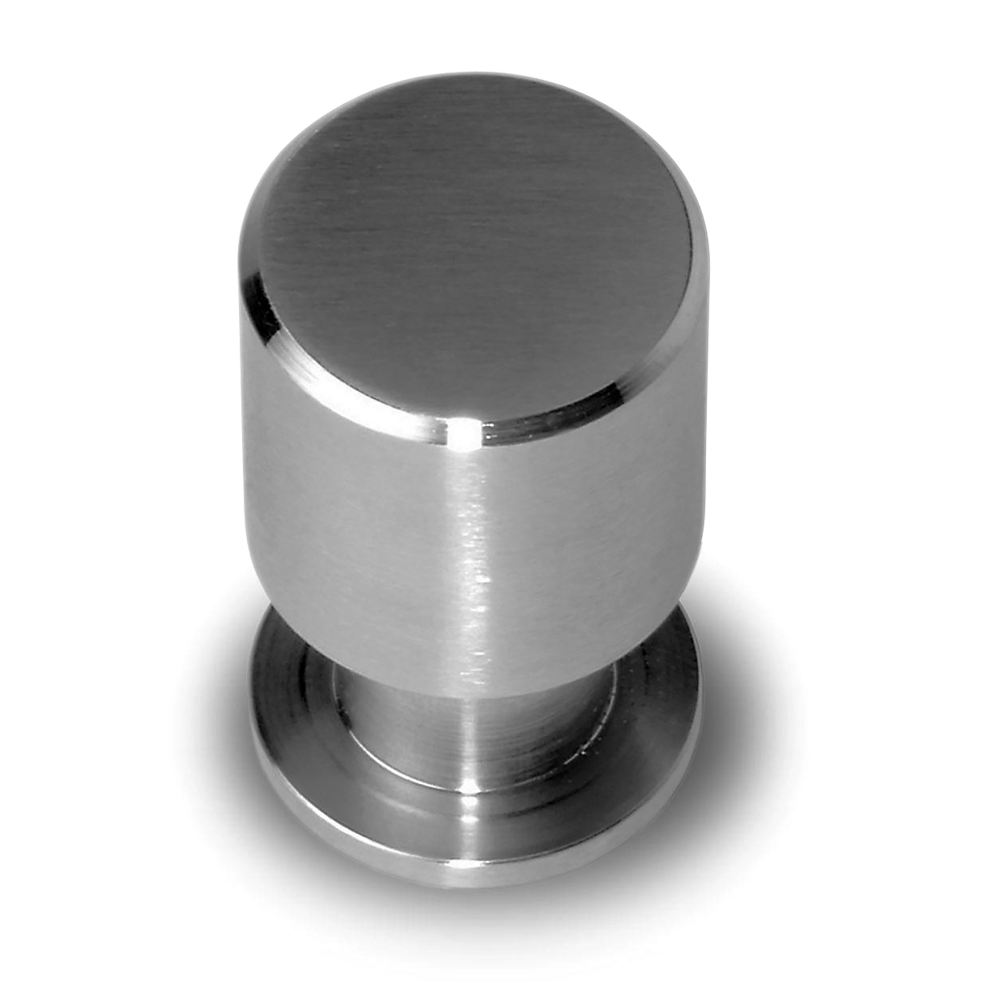 A modern cylindrical stainless steel knob with beveled edges.